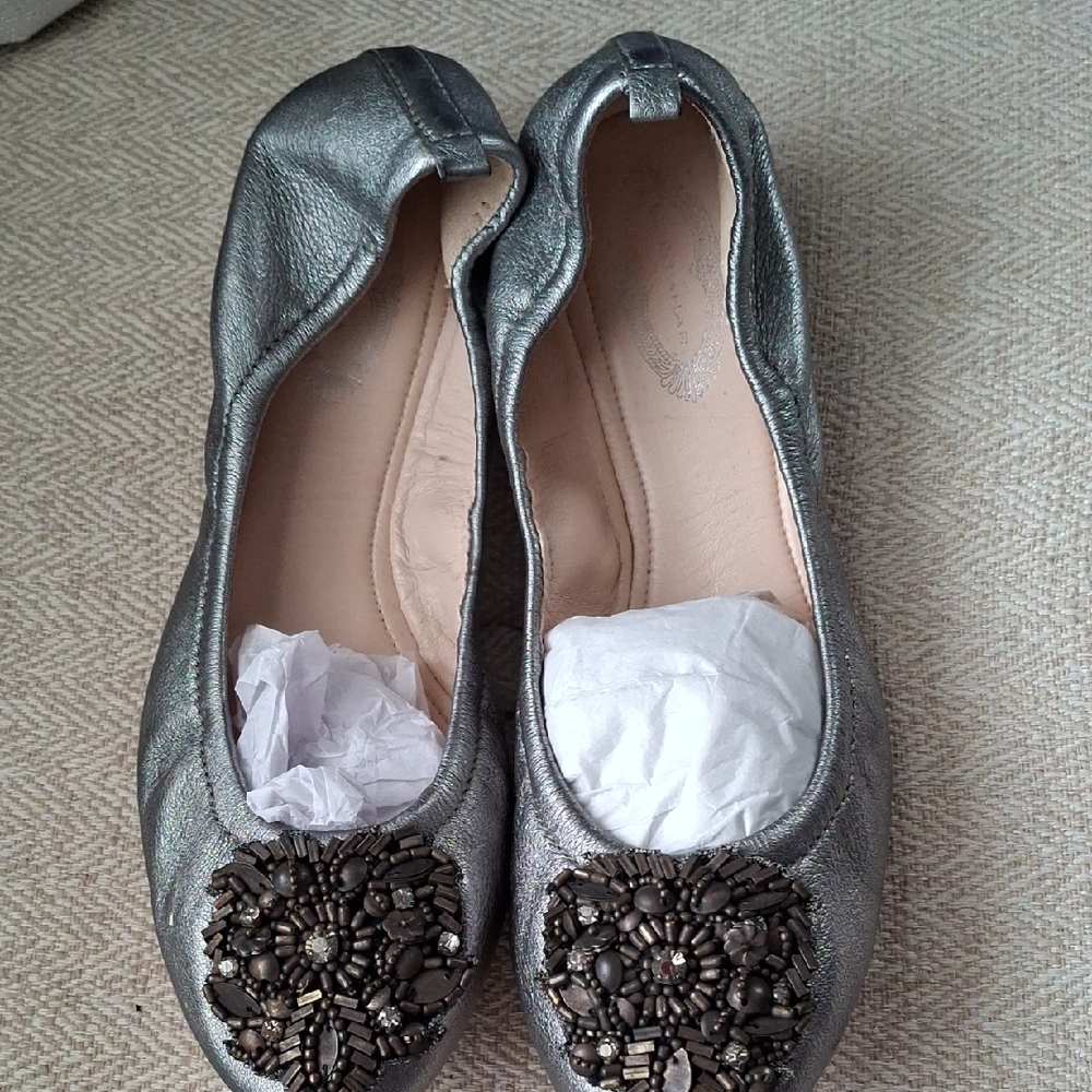 Elie Tahari Metallic Gray Embellished Ballet Flats